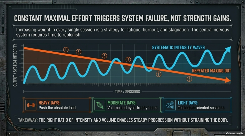 Graph showing fatigue from constant max effort vs structured intensity waves in training