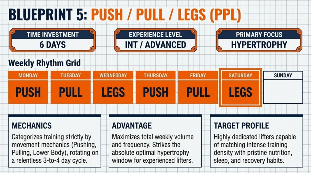 Six day push pull legs routine showing high frequency hypertrophy training structure