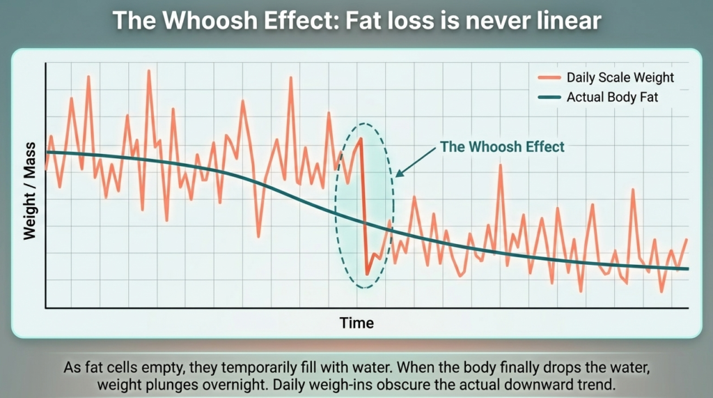 Graph showing sudden drop in weight after fluctuations during fat loss