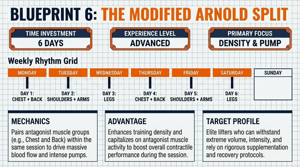 Six day Arnold split pairing chest back shoulders arms and legs for maximum pump and density