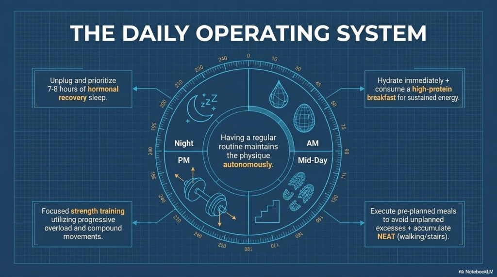Infographic showing daily routine including training, meals, hydration and sleep