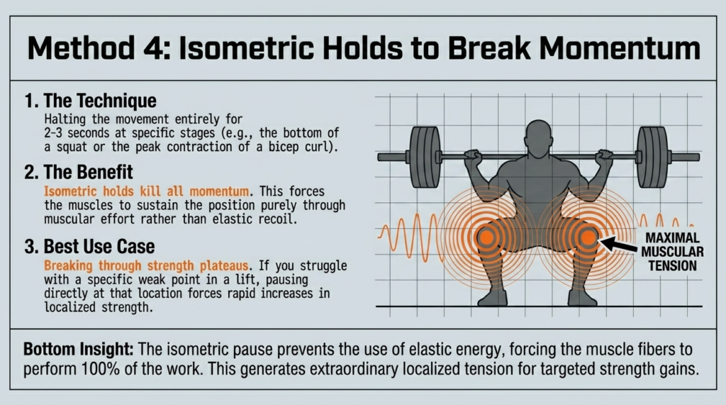 Squat illustration showing isometric hold increasing muscle tension