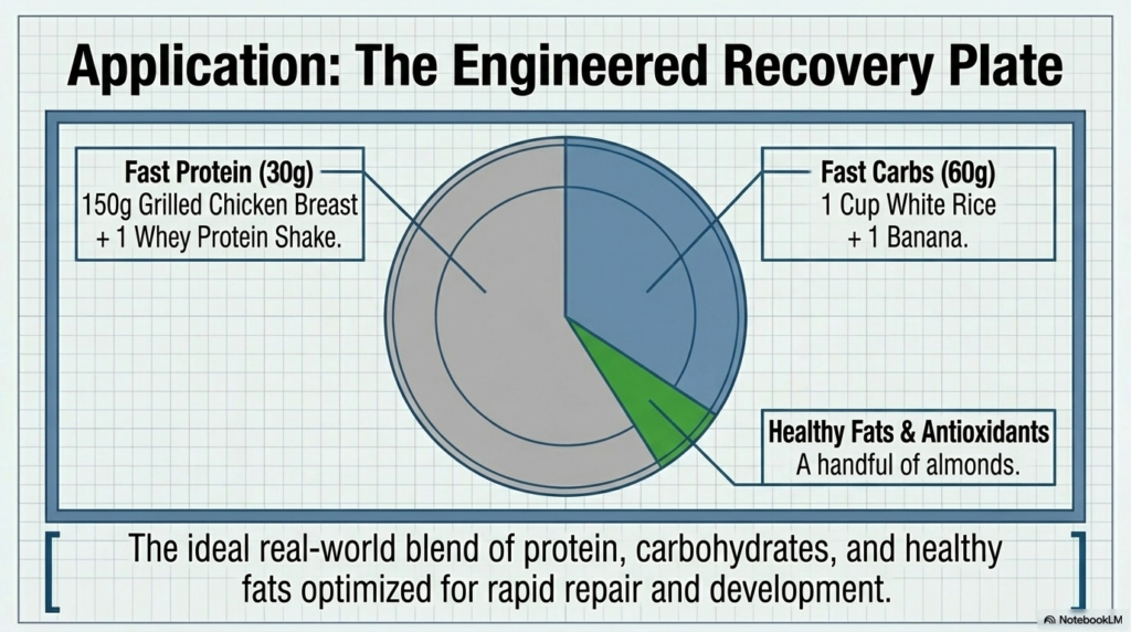 Balanced plate showing protein carbs and fats for post workout nutrition