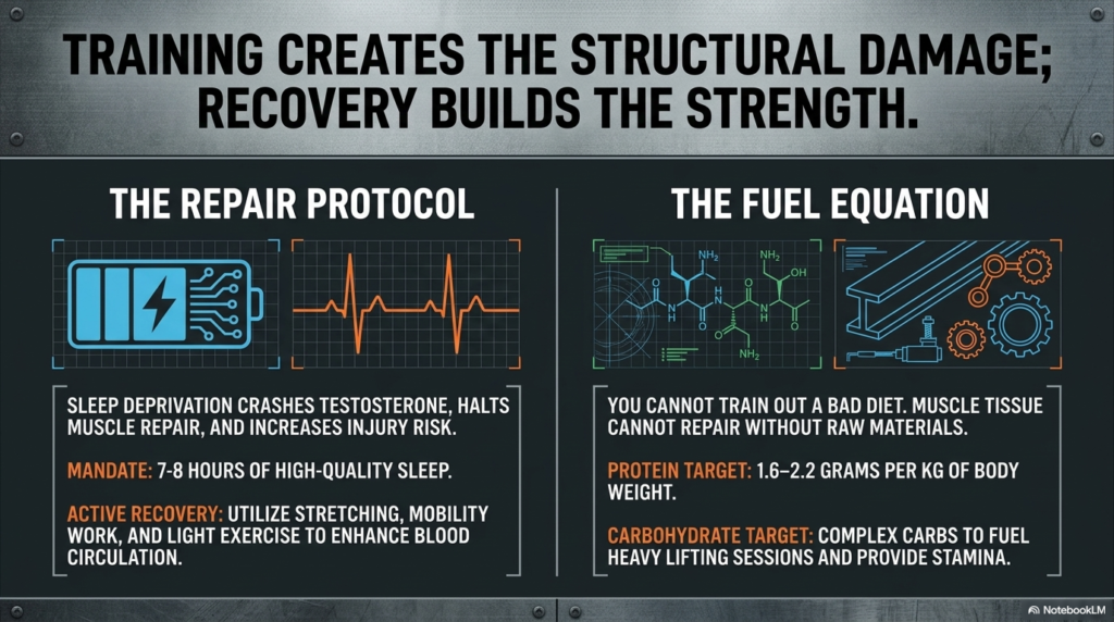 Infographic showing sleep, protein intake and nutrition for muscle recovery and strength