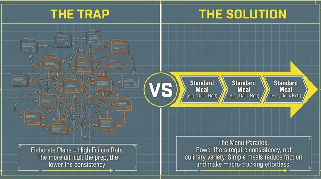 Comparison infographic showing simple meal prep consistency versus complex diet failure