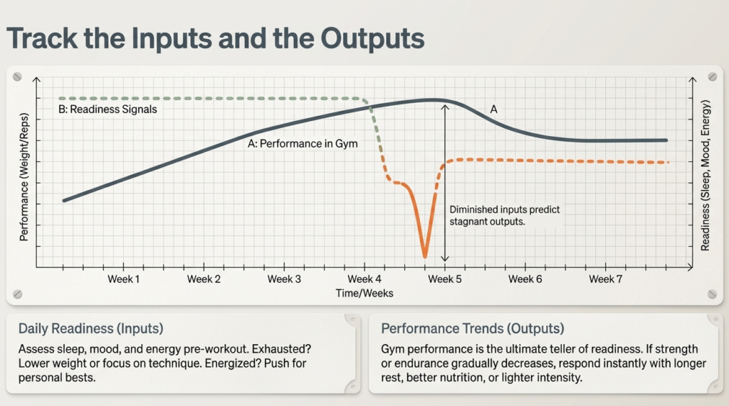 Graph showing relationship between daily readiness signals and gym performance over multiple weeks