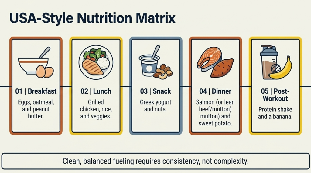 sample high protein daily meal plan with chicken rice eggs and oats for lean bulking