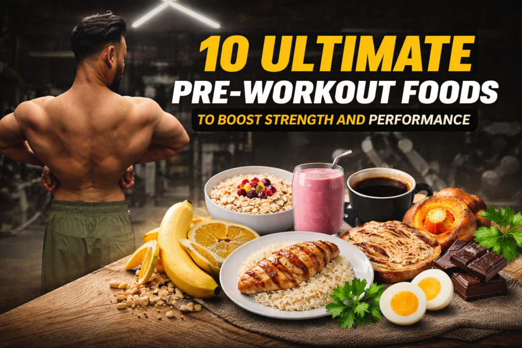 Muscular man in gym with pre-workout foods like banana, oats, coffee, eggs, chicken and rice displayed in foreground for fitness nutrition concept