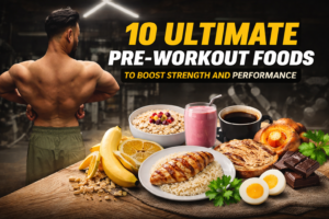 Muscular man in gym with pre-workout foods like banana, oats, coffee, eggs, chicken and rice displayed in foreground for fitness nutrition concept