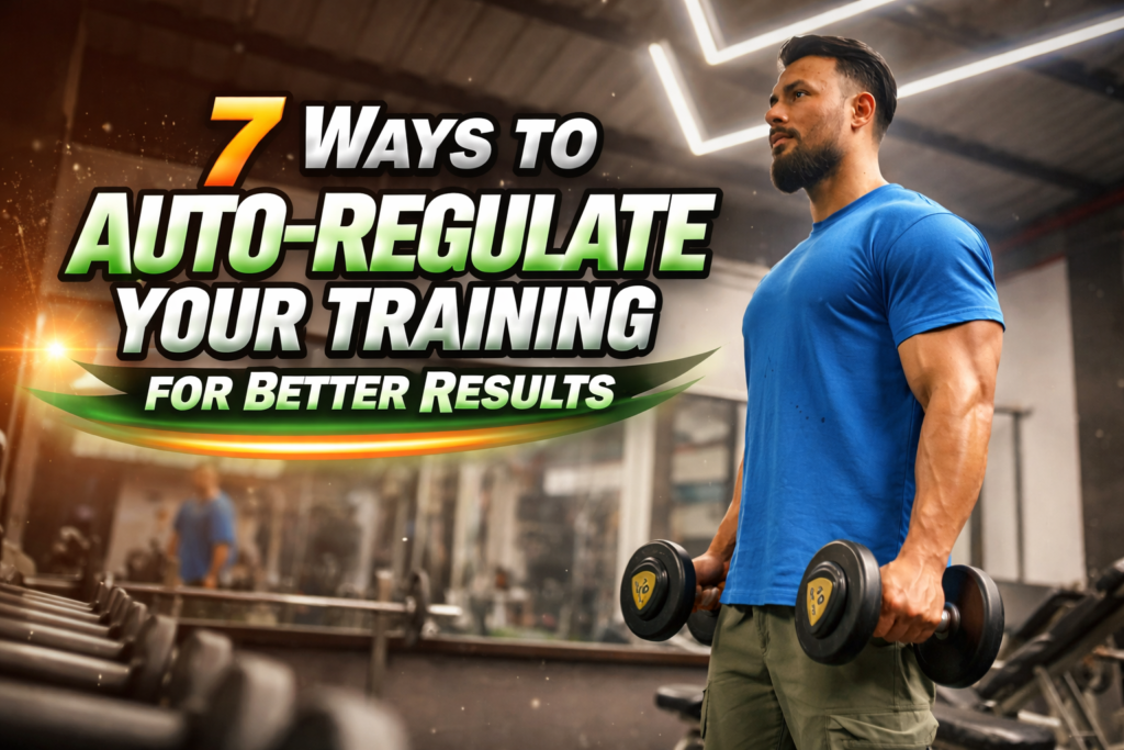 Muscular man lifting dumbbells in a modern gym with enhanced arms and bold text about auto-regulating training for better results