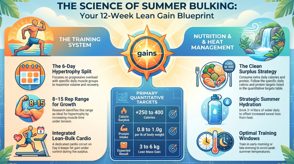 science based summer bulking program infographic showing training nutrition and heat management pillars for summer muscle gain