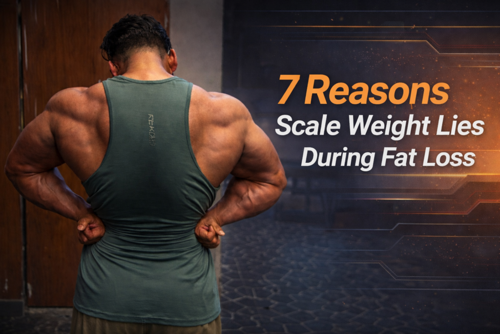 Muscular man back pose showing physique with text about why scale weight lies during fat loss