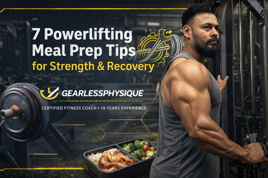 Powerlifting meal prep banner showing muscular athlete training in gym with nutrition meal prep and strength recovery theme