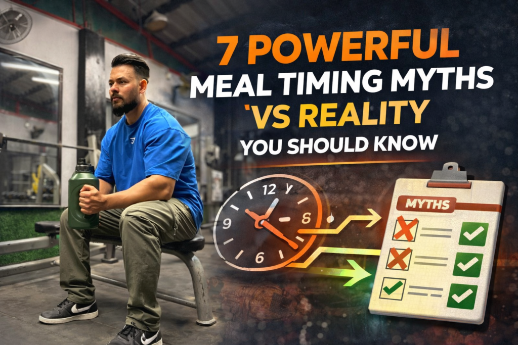 Fitness coach sitting in gym with meal timing myths vs reality infographic explaining fat loss and muscle gain nutrition science