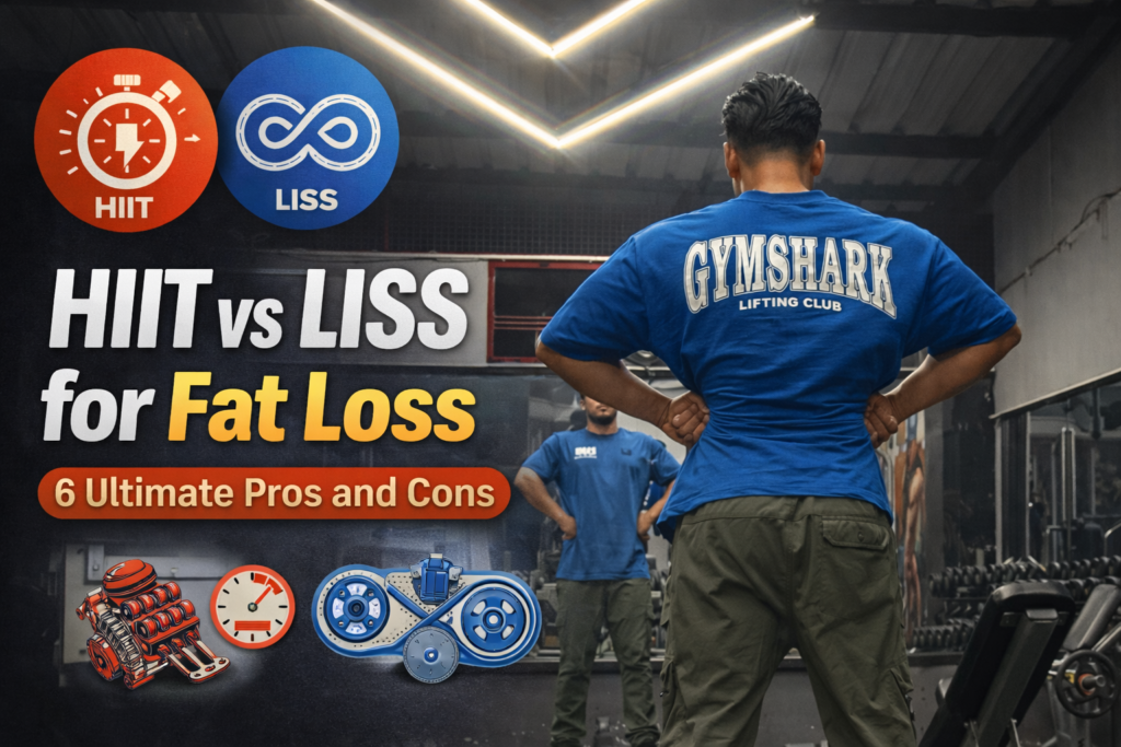 Man in gym comparing HIIT and LISS cardio methods for fat loss with workout icons and bold text
