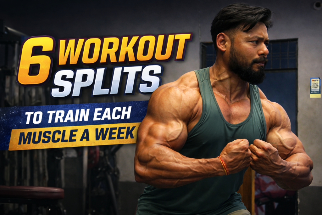 Muscular man flexing in gym demonstrating workout splits to train each muscle twice a week for hypertrophy and strength