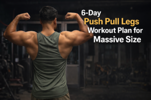 Muscular man flexing back and shoulders in gym for 6 day push pull legs workout plan