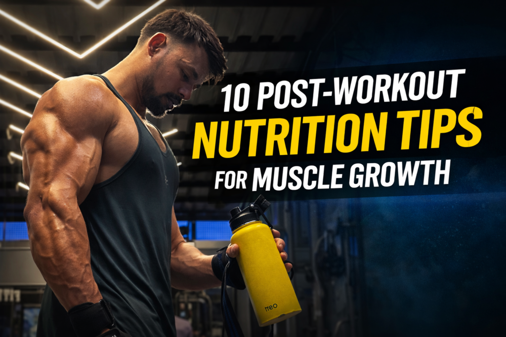 Muscular man in gym holding shaker bottle highlighting post workout nutrition tips for muscle growth and recovery