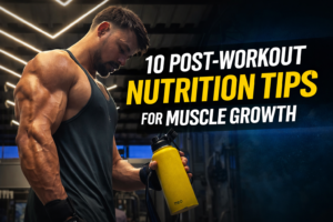 Muscular man in gym holding shaker bottle highlighting post workout nutrition tips for muscle growth and recovery