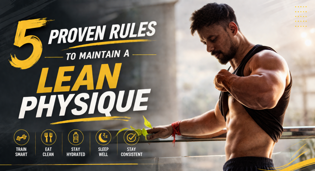 Fit muscular man checking abs on balcony with text 5 Proven Rules to Maintain a Lean Physique fitness banner