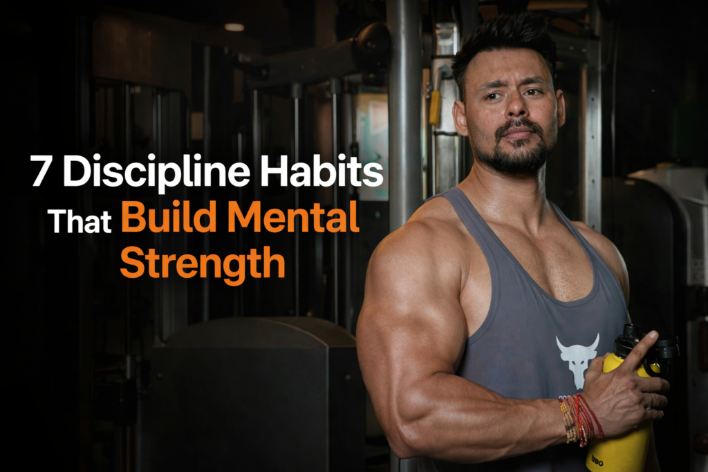 Muscular man in gym holding shaker bottle with strong physique representing discipline and mental strength habits