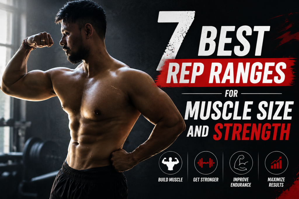 muscular man flexing bicep showing hypertrophy and strength training rep ranges concept