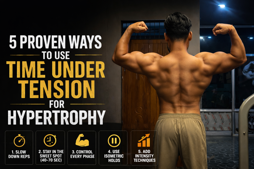 Muscular man flexing back in gym demonstrating time under tension techniques for hypertrophy training