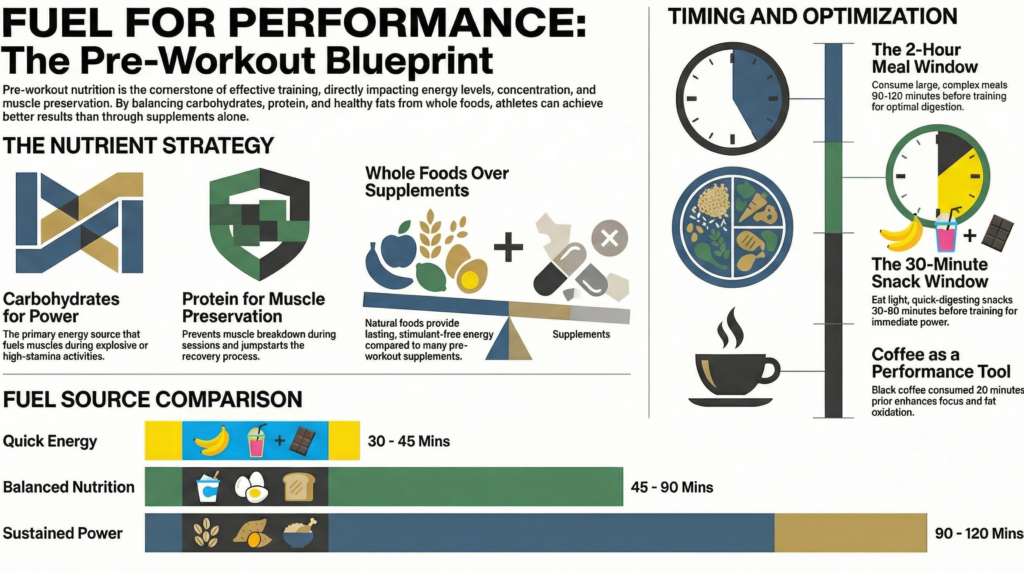 Infographic showing pre-workout nutrition strategy with carbs, protein, whole foods vs supplements, timing windows, and fuel comparison for performance