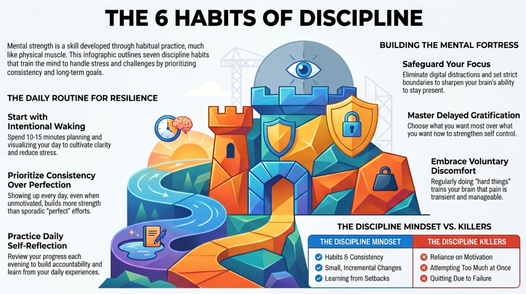 Colorful infographic showing 7 discipline habits that build mental strength.