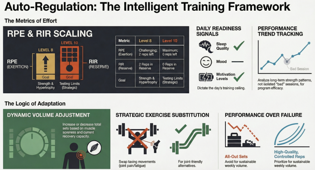 Comprehensive infographic covering RPE, RIR, readiness signals, performance tracking, and training adjustments