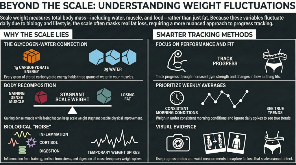 Infographic explaining why scale weight fluctuates due to water, glycogen, muscle gain, and better fat loss tracking methods