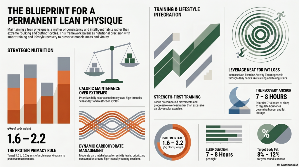 Blueprint style diagram showing muscular body Comprehensive infographic showing nutrition, training, protein intake and recovery for lean body