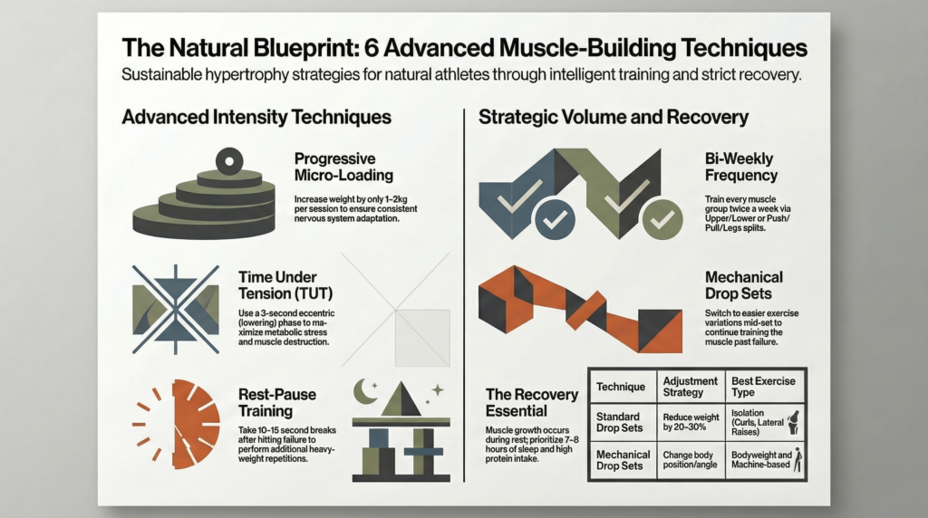 Infographic summarizing six advanced hypertrophy techniques and recovery strategies for natural athletes