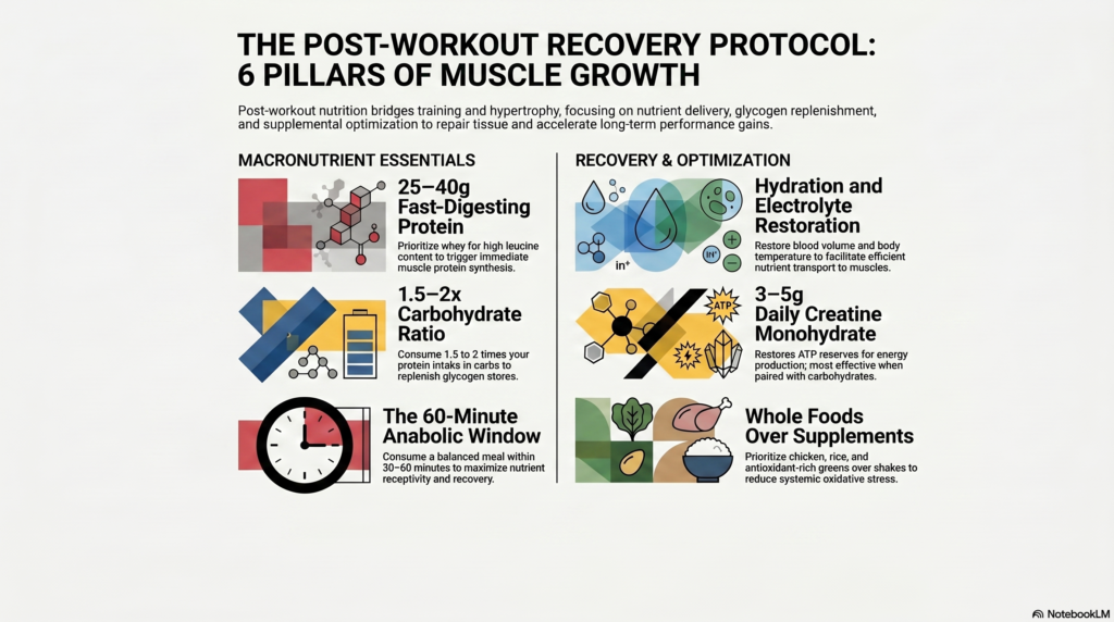 Infographic showing protein carbs hydration creatine and recovery strategies