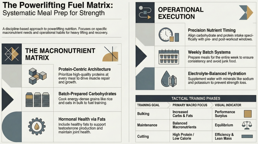 Infographic showing macro adjustments for Complete powerlifting nutrition system infographic including macros timing hydration and meal prep