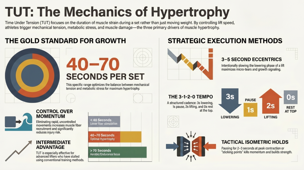 Infographic explaining time under tension methods and hypertrophy strategies
