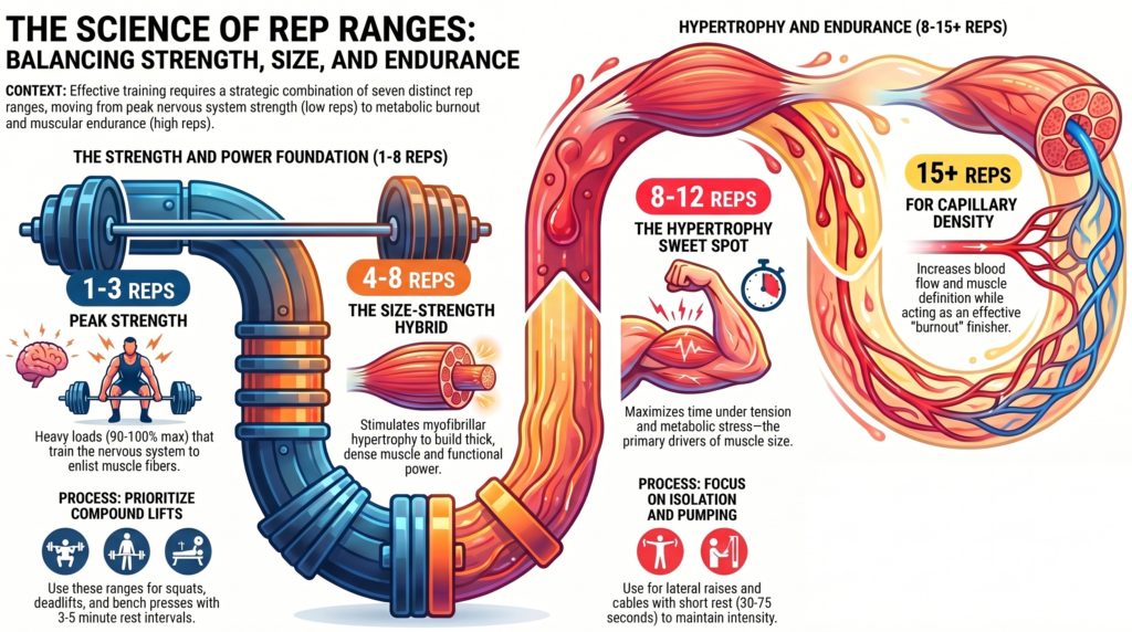 science of rep ranges infographic showing strength hypertrophy and endurance zones