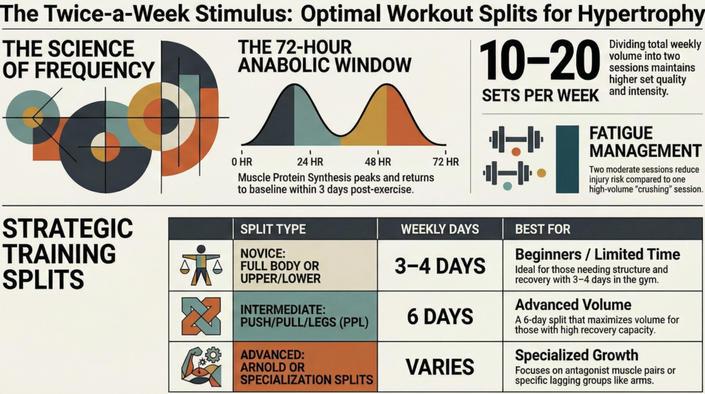 Infographic showing hypertrophy science training frequency and weekly volume recommendations