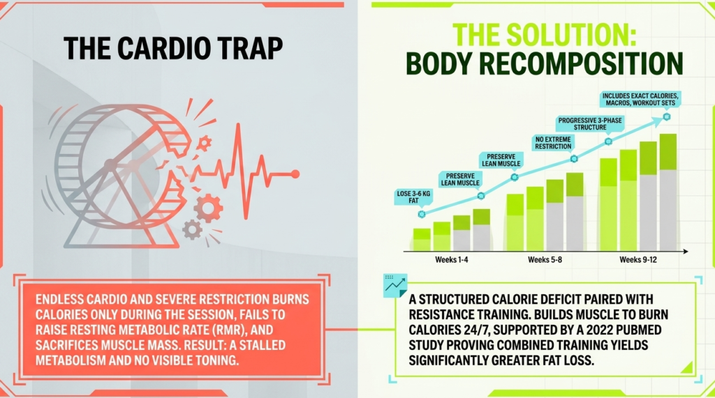 cardio trap vs body recomposition fat loss strategy comparison showing metabolism slowdown vs muscle preservation