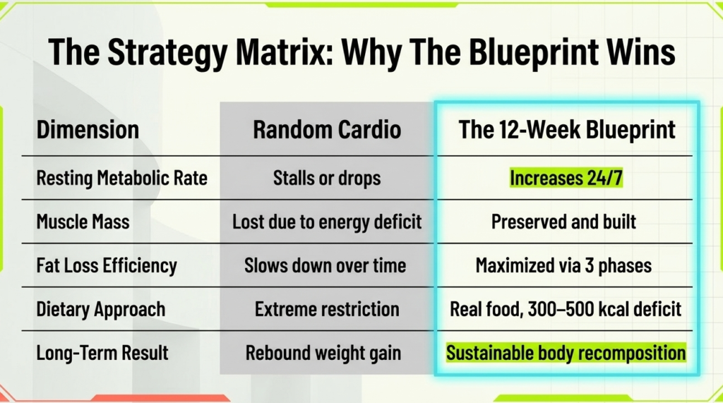 fat loss strategy matrix comparing random cardio and structured 12-week workout plan benefits