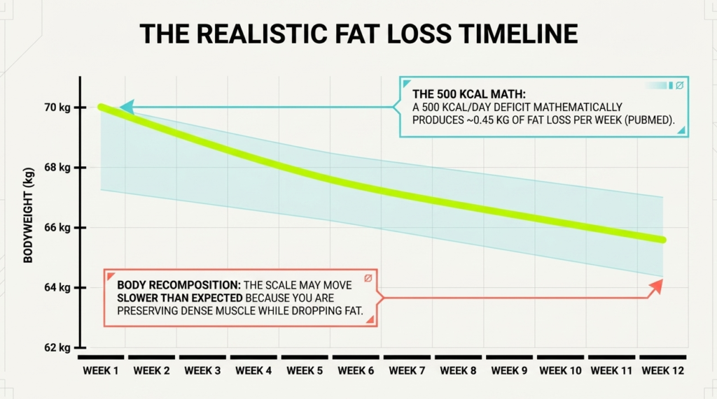 realistic fat loss progress graph showing 0.5 kg weekly fat loss with calorie deficit over 12 weeks