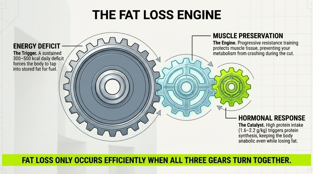fat loss engine diagram showing calorie deficit, muscle preservation, and hormonal response for fat burning