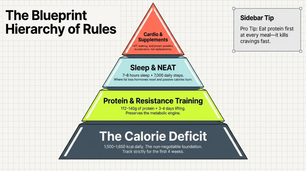 fat loss hierarchy pyramid showing calorie deficit as foundation with protein training sleep and cardio