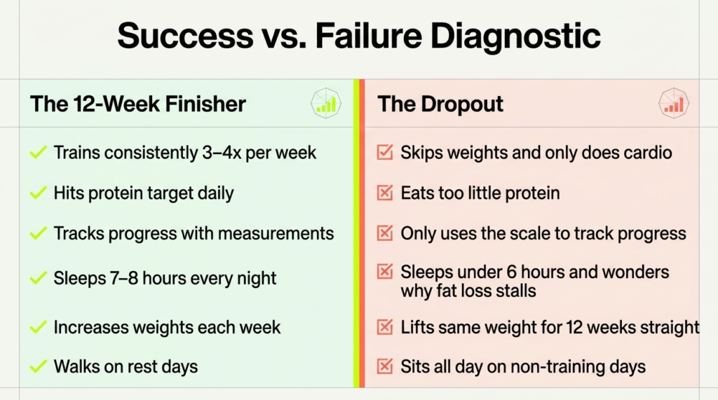 fat loss habits comparison showing consistent training vs poor lifestyle mistakes