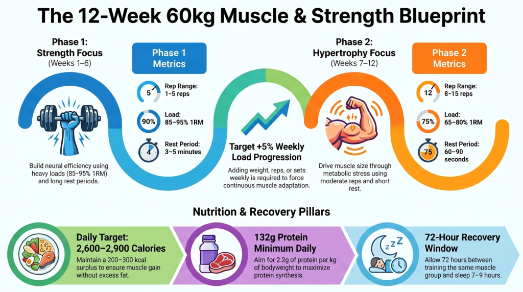 12-week strength vs hypertrophy training plan infographic for a 60 kg gym trainee
