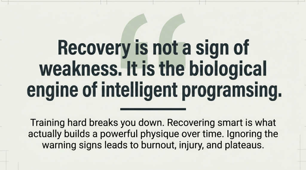 Motivational bodybuilding recovery quote about intelligent training