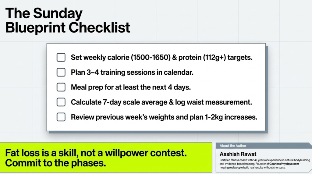 weekly fat loss checklist including calorie tracking workouts meal prep and progress monitoring
