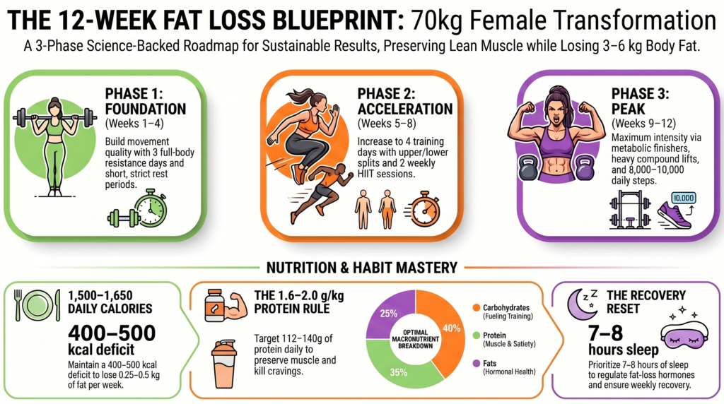 complete fat loss blueprint infographic showing diet workout phases macros and recovery tips