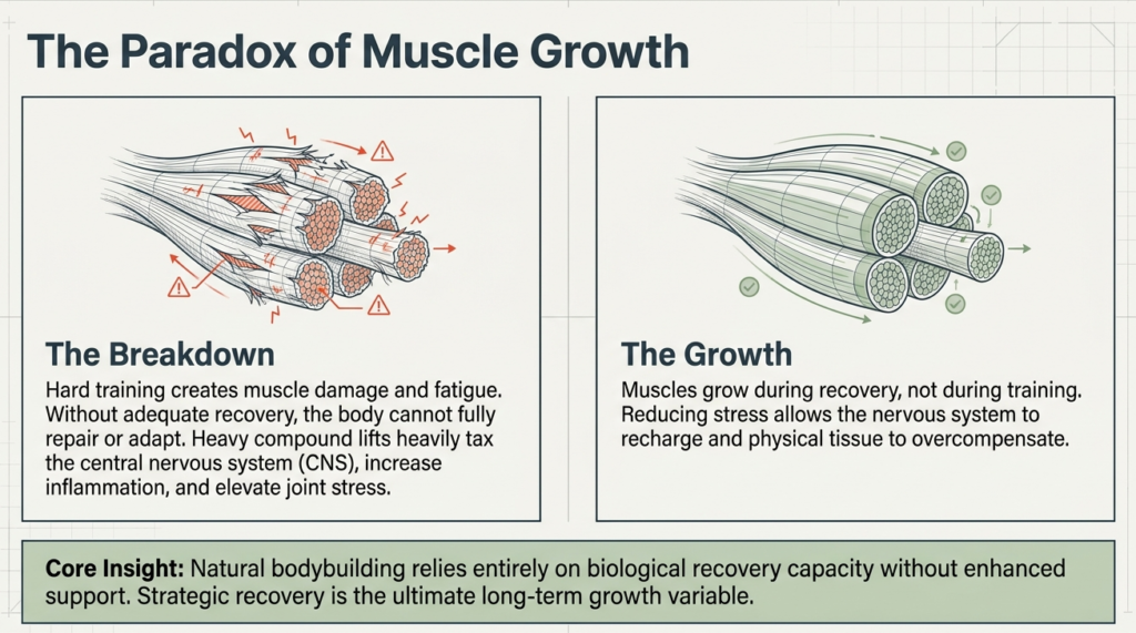 Illustration showing muscle breakdown during training and growth during recovery