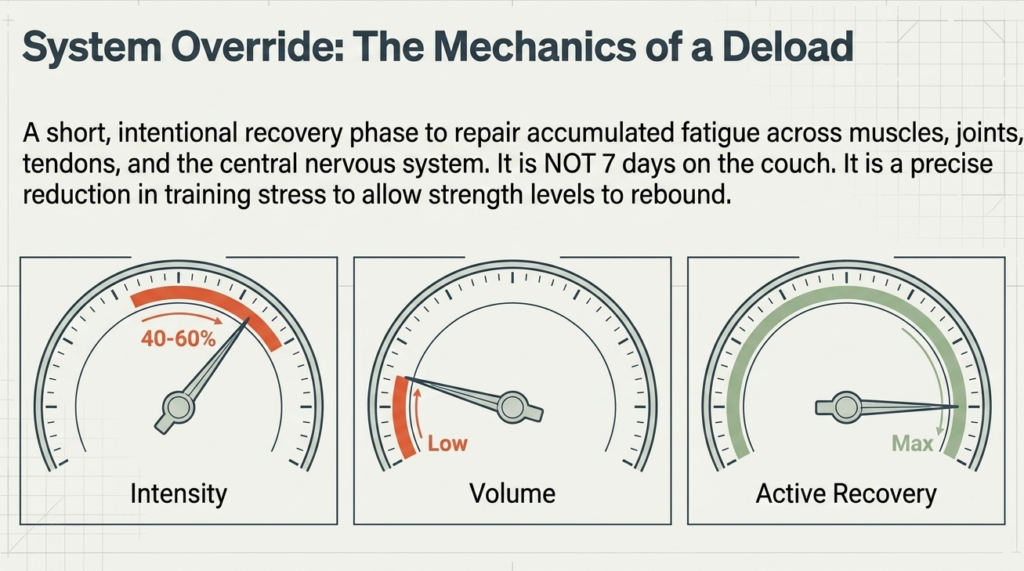 Diagram showing reduced intensity and volume during a bodybuilding deload week